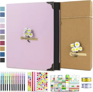 Vienrose DIY Scrapbook Photo Album Kit with Pens Tapes and Stickers 60 Pages Hardcover 8.5x11 Inches 3 Rings Removable Black Paper Scrapbooking for Lover Friends Kids Wedding Pink