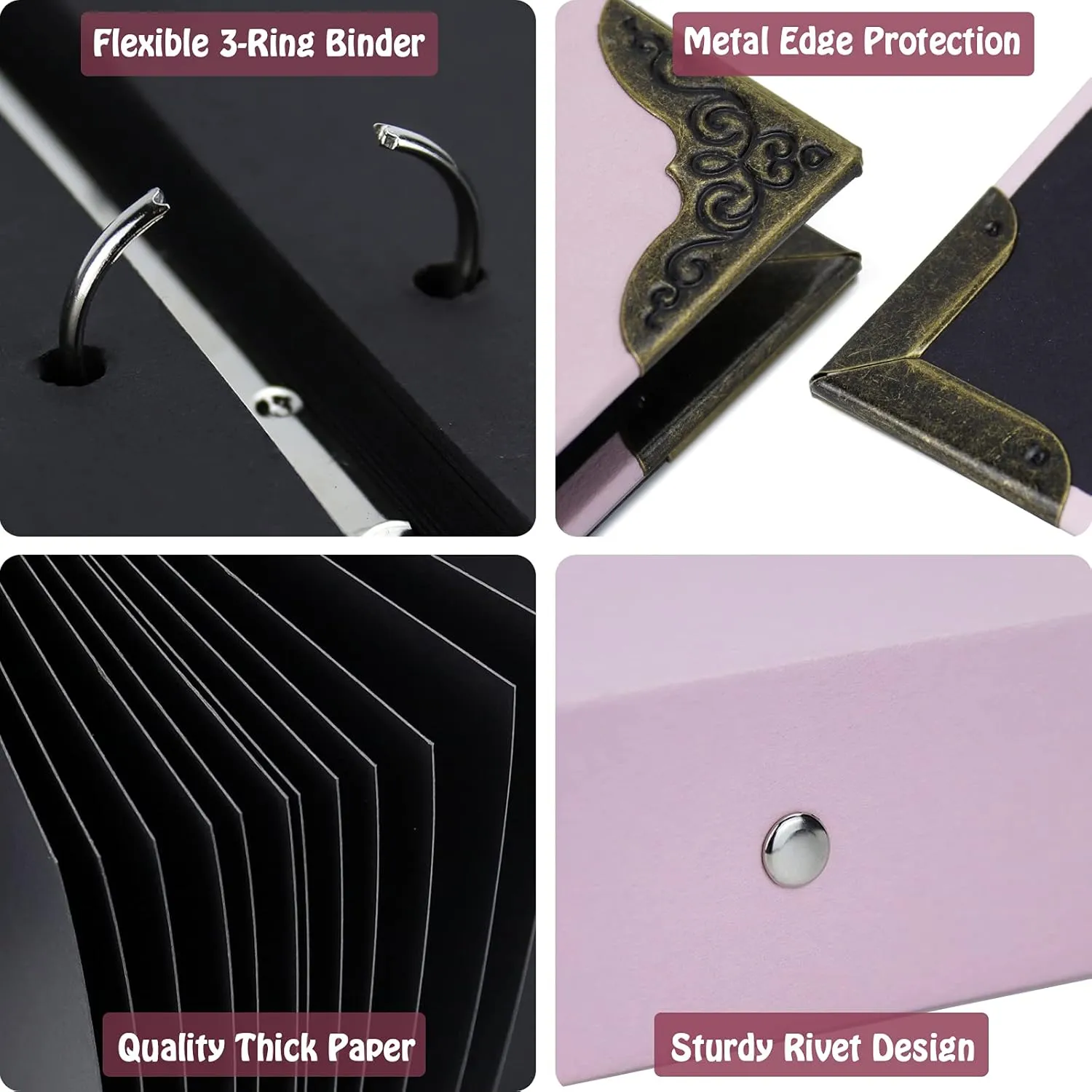 Vienrose DIY Scrapbook Photo Album Kit with Pens Tapes and Stickers 60 Pages Hardcover 8.5x11 Inches 3 Rings Removable Black Paper Scrapbooking for Lover Friends Kids Wedding Pink
