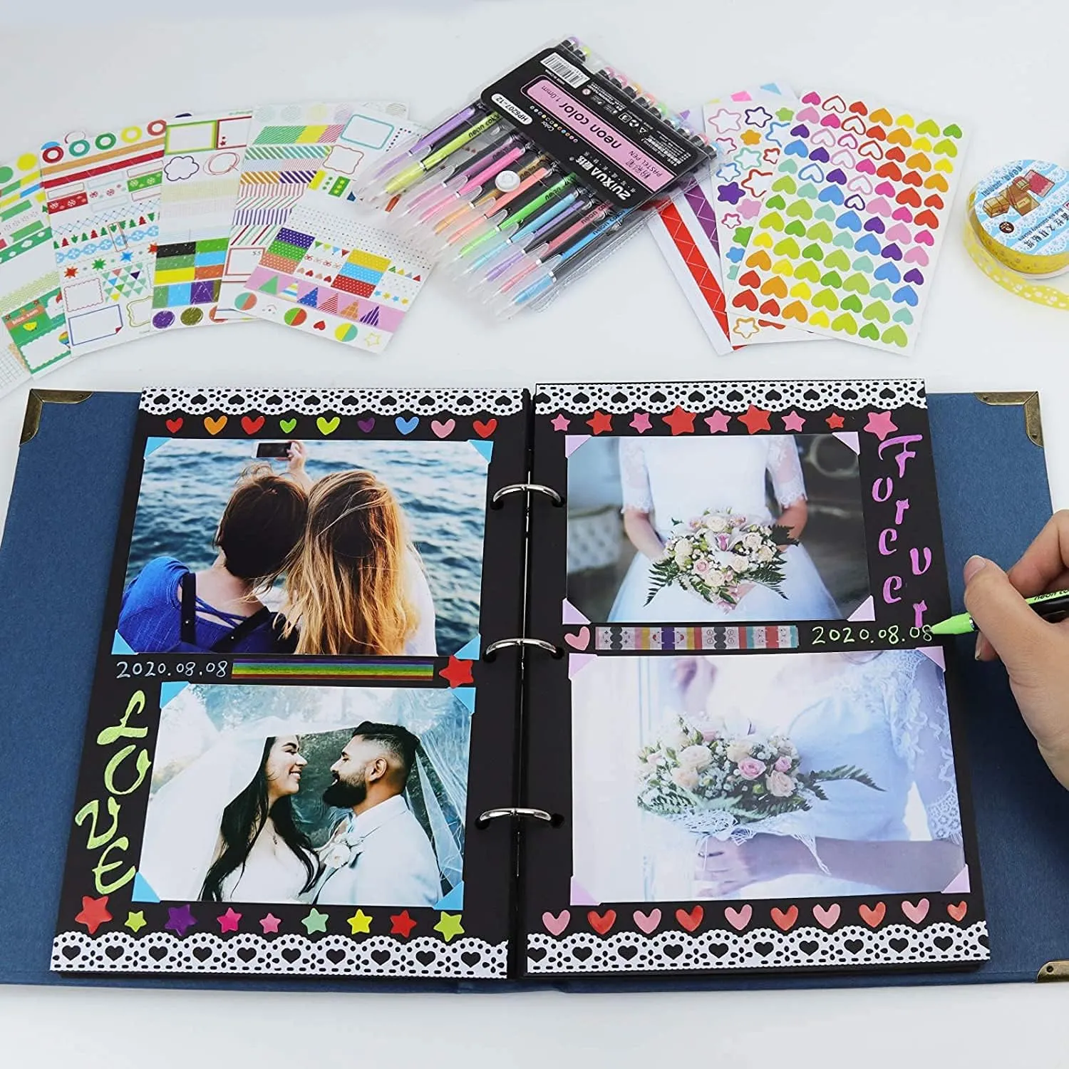 Vienrose DIY Scrapbook Photo Album Kit with Pens Tapes and Stickers 60 Pages Hardcover 8.5x11 Inches 3 Rings Removable Black Paper Scrapbooking for Lover Friends Kids Wedding Pink
