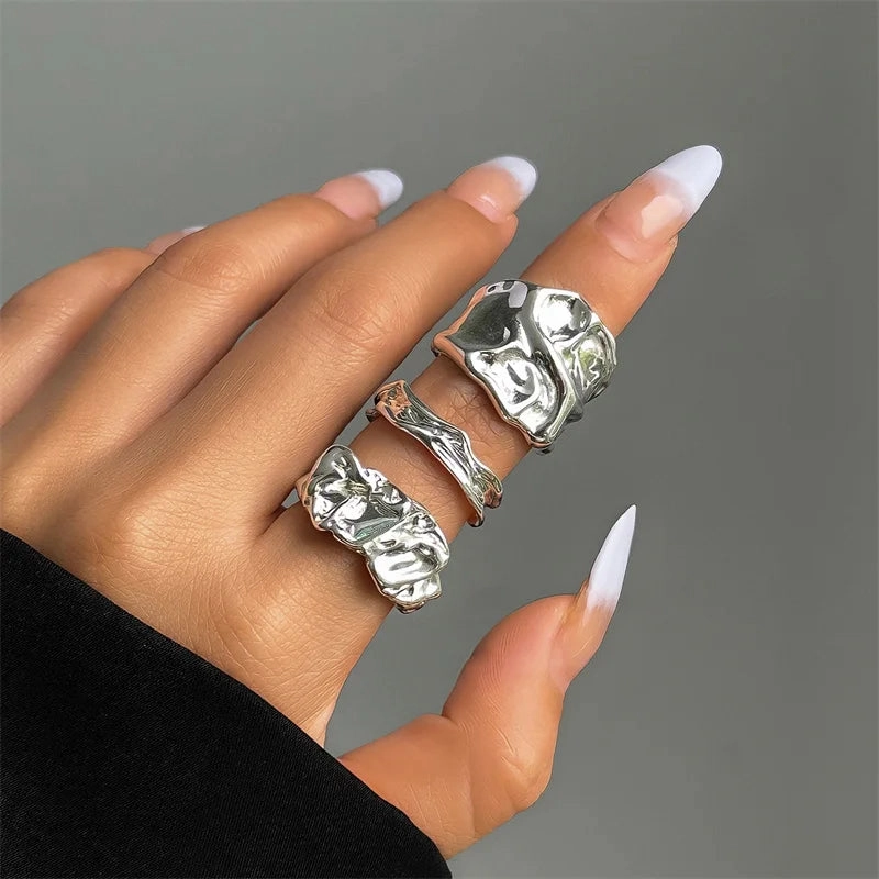 Vintage Liquid Metal Open Ring Set – 3-Piece Y2K Punk Jewelry