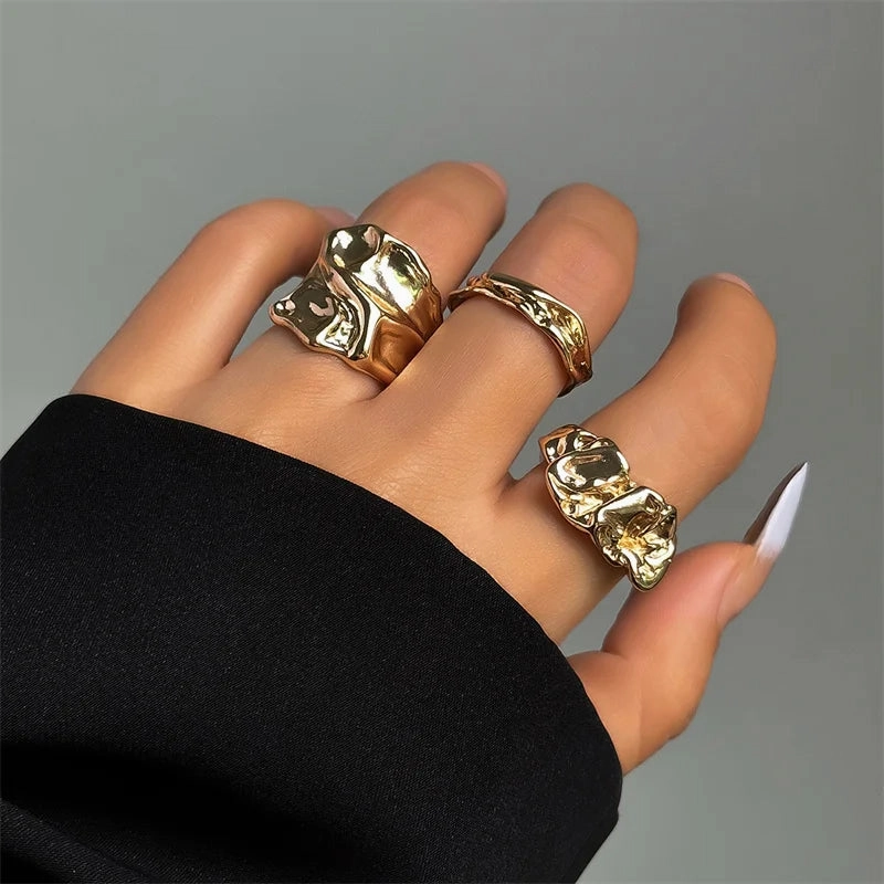 Vintage Liquid Metal Open Ring Set – 3-Piece Y2K Punk Jewelry