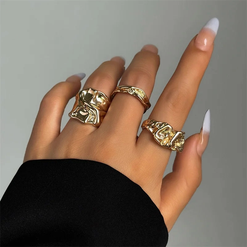 Vintage Liquid Metal Open Ring Set – 3-Piece Y2K Punk Jewelry