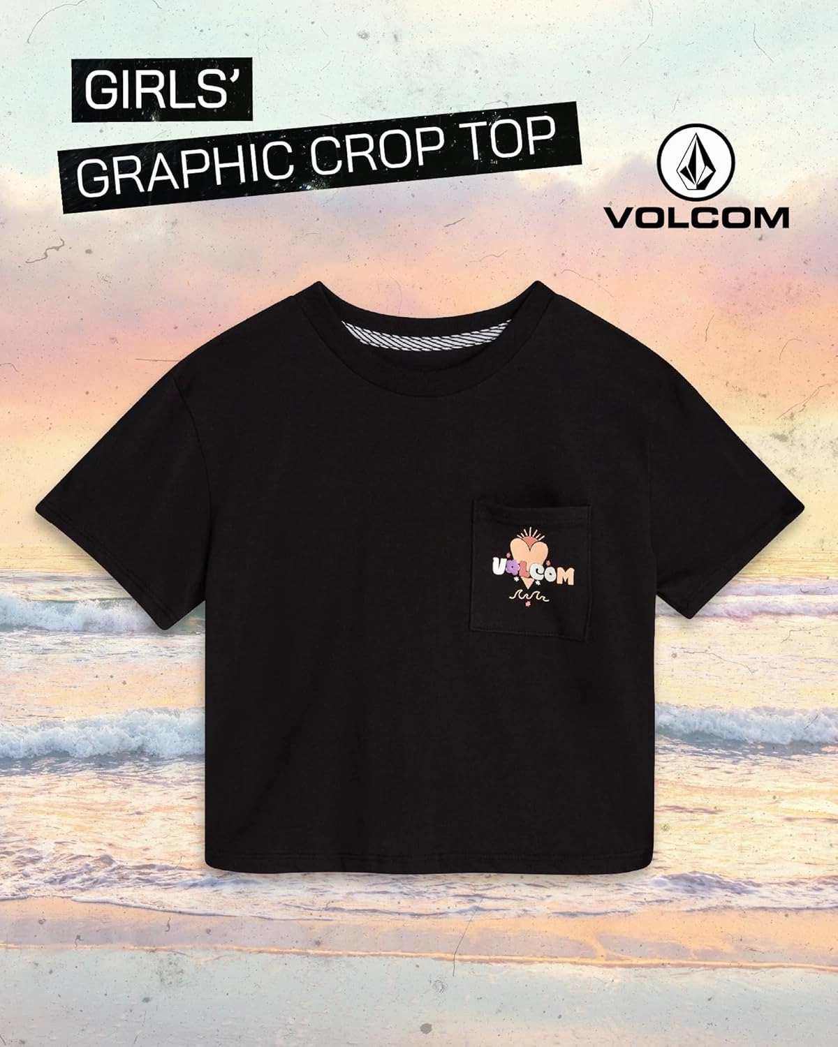 Volcom Girls Crop Top - Short Sleeve Graphic Tees with Pocket, Casual Crewneck Pullover Summer Tops for Girls (Sizes: 7-16)