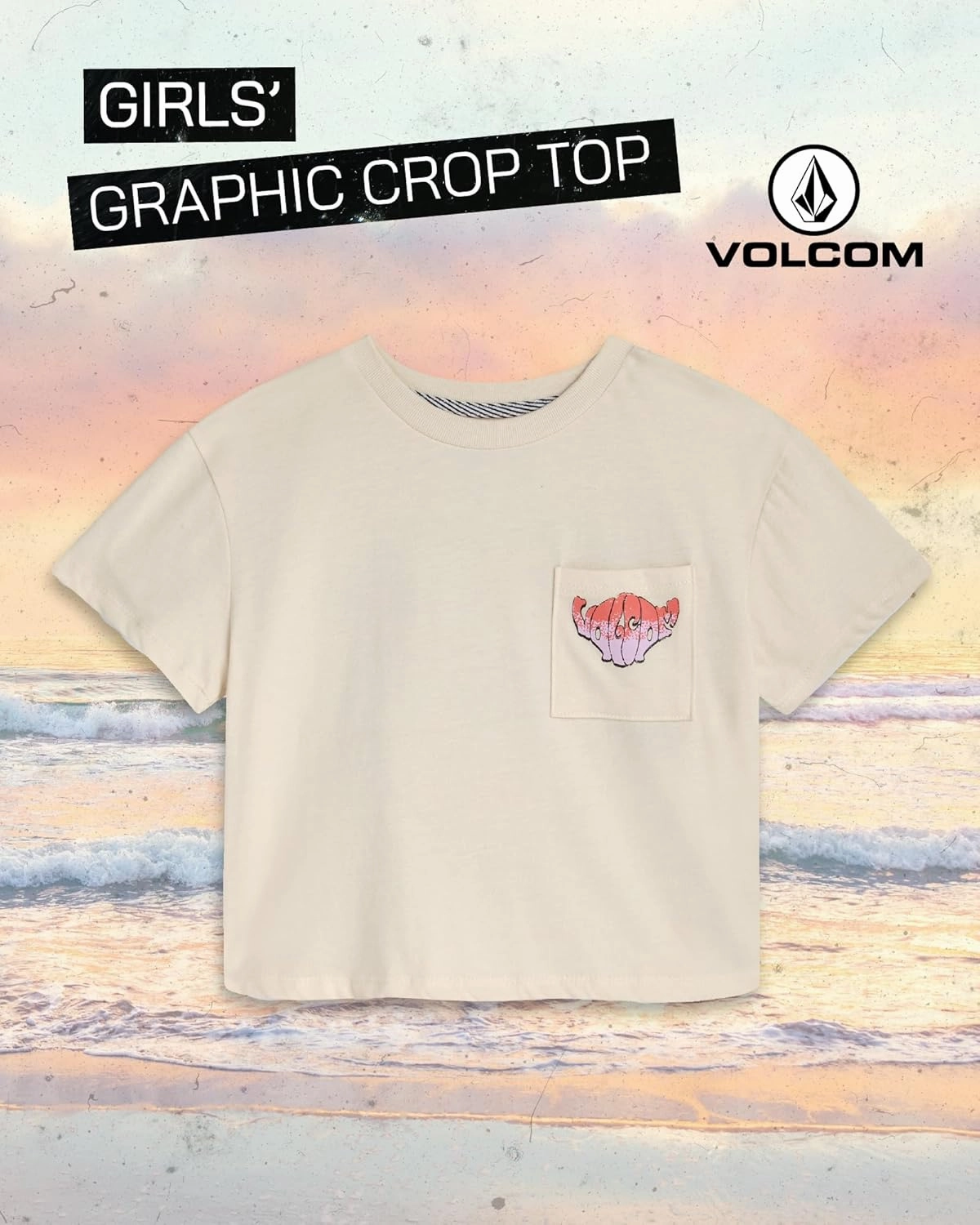 Volcom Girls Crop Top - Short Sleeve Graphic Tees with Pocket, Casual Crewneck Pullover Summer Tops for Girls (Sizes: 7-16)
