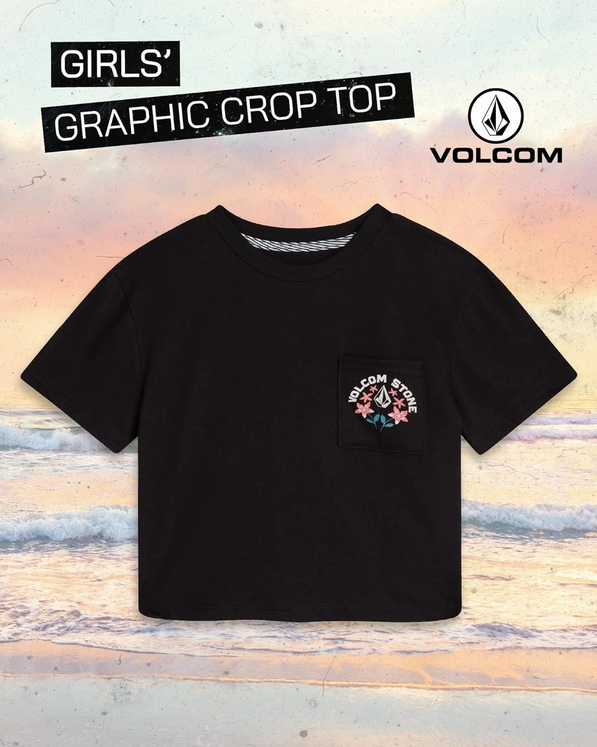Volcom Girls Crop Top - Short Sleeve Graphic Tees with Pocket, Casual Crewneck Pullover Summer Tops for Girls (Sizes: 7-16)