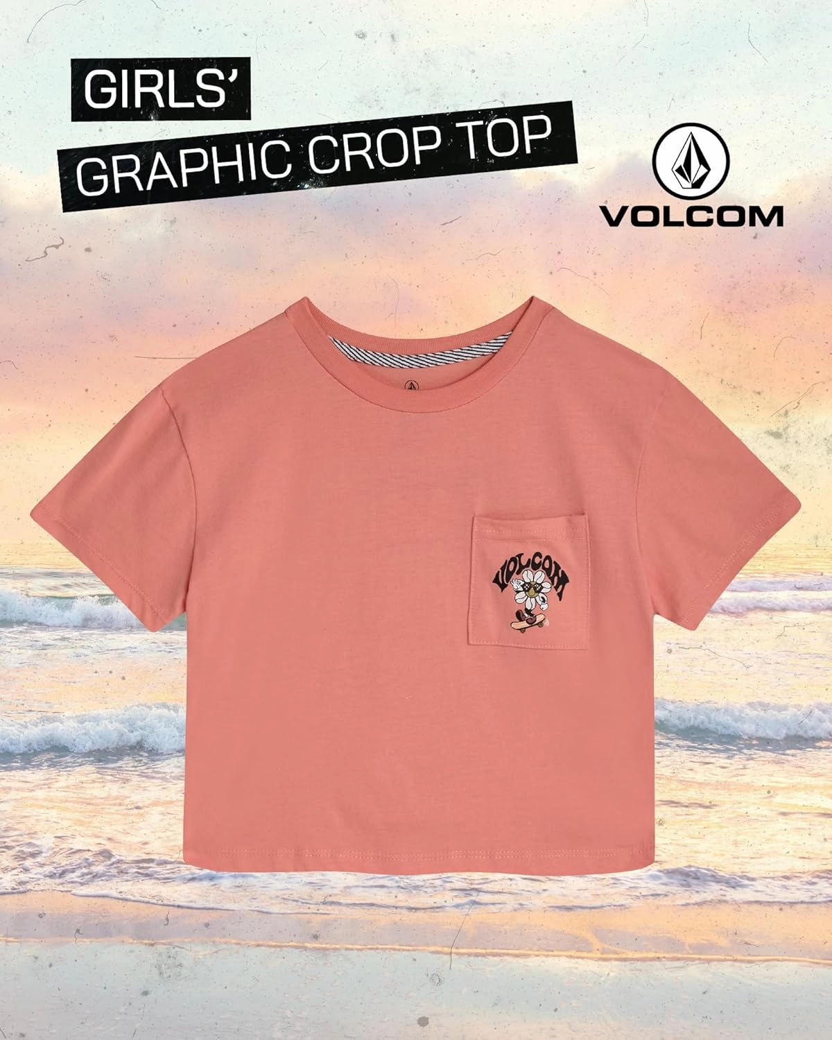 Volcom Girls Crop Top - Short Sleeve Graphic Tees with Pocket, Casual Crewneck Pullover Summer Tops for Girls (Sizes: 7-16)