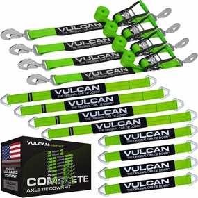 VULCAN Complete Axle Strap Tie Down Kit with Snap Hook Ratchet Straps - High-Viz - Includes (4) 22 and (4) 36 Inch Axle Tie Downs, and (4) 8' Snap Hook Straps