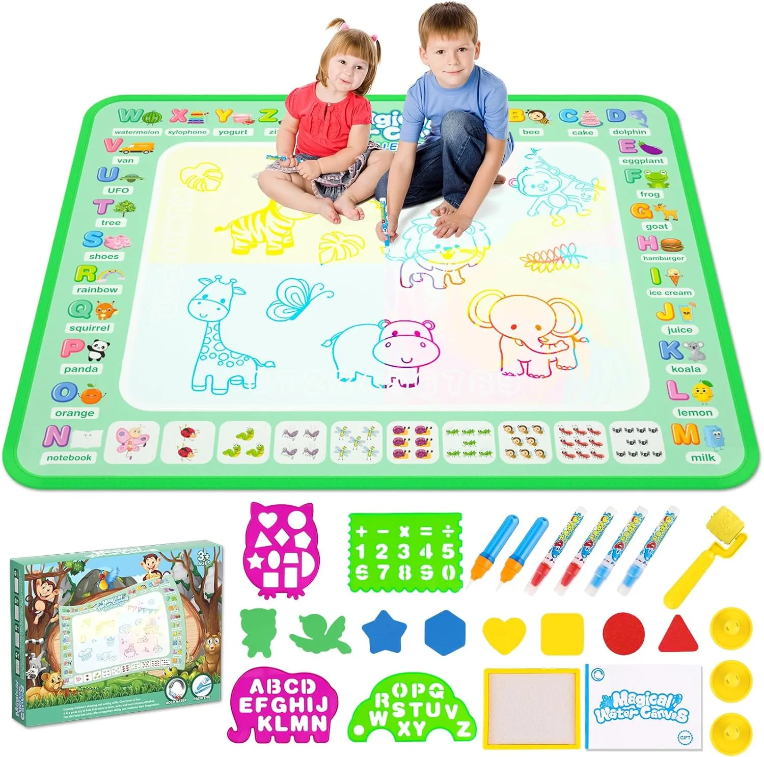 Water Doodle Mat,Reusable Painting Writing Doodle Board Toy,Mess Free Coloring Doodle Drawing Mat Educational Toys,Birthday Christmas Gifts for 3 4 5 6 7 8 Years Old Kids