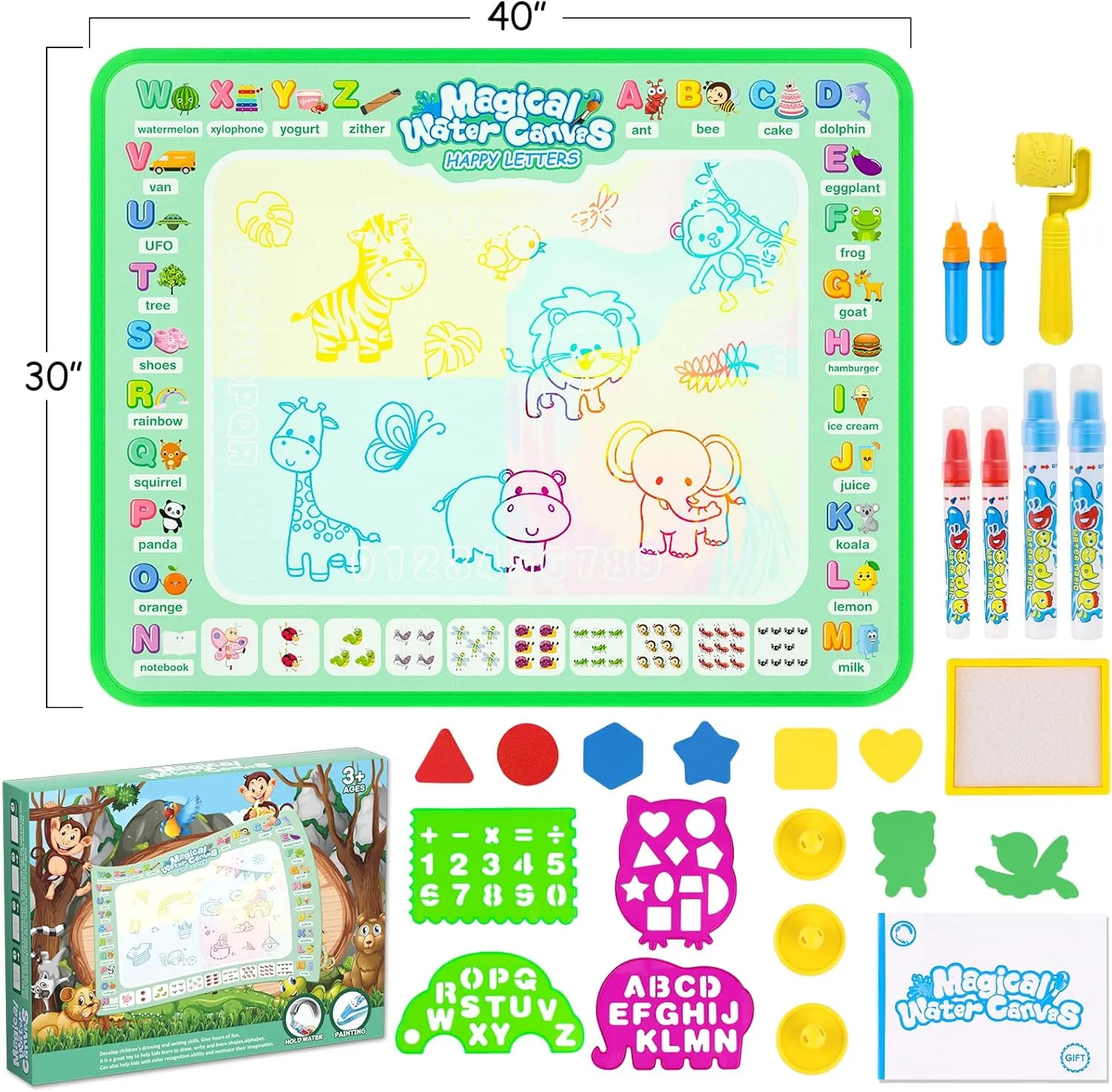 Water Doodle Mat,Reusable Painting Writing Doodle Board Toy,Mess Free Coloring Doodle Drawing Mat Educational Toys,Birthday Christmas Gifts for 3 4 5 6 7 8 Years Old Kids