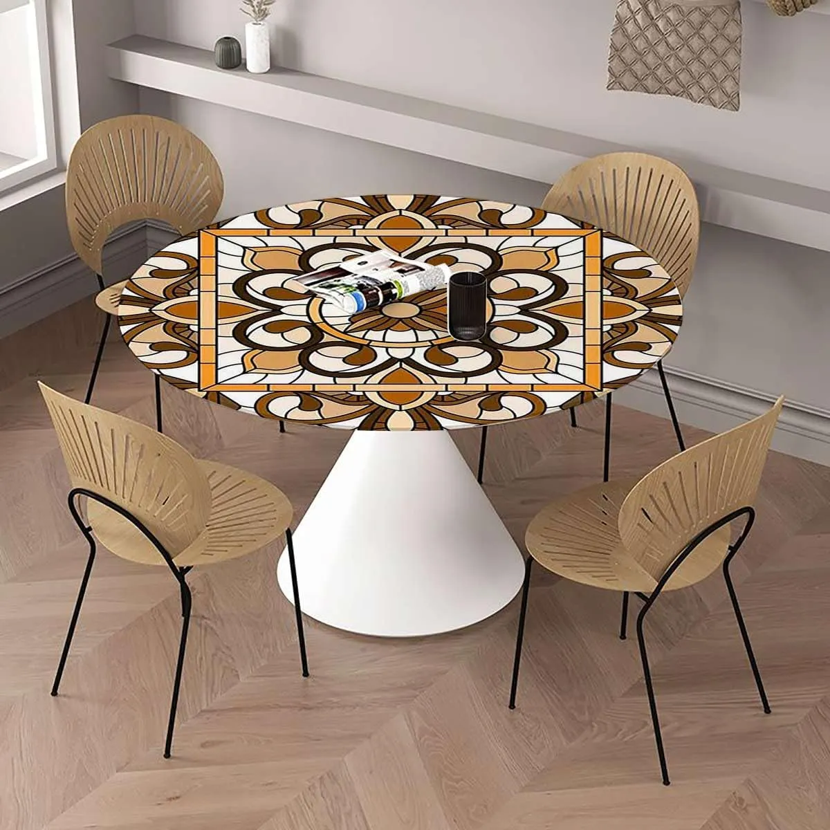 Waterproof Oil Proof Circular Table Cover Geometric Flower Rotation Non Wrinkled Farmhouse Dining Table Cover for Party Holidays Fits up 42"-46" Diameter Tables Brown Black Orange Graywhite