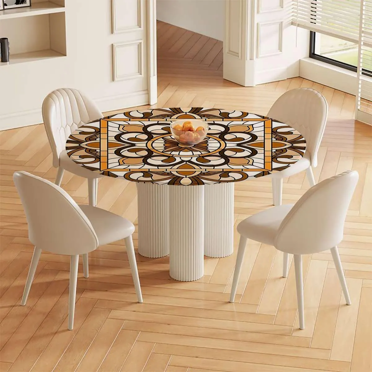 Waterproof Oil Proof Circular Table Cover Geometric Flower Rotation Non Wrinkled Farmhouse Dining Table Cover for Party Holidays Fits up 42"-46" Diameter Tables Brown Black Orange Graywhite