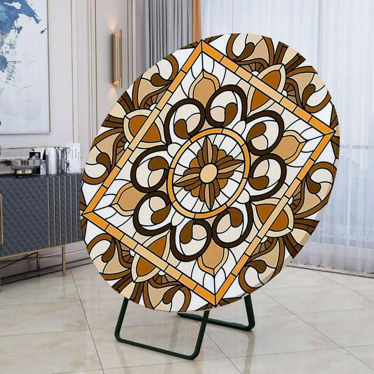 Waterproof Oil Proof Circular Table Cover Geometric Flower Rotation Non Wrinkled Farmhouse Dining Table Cover for Party Holidays Fits up 42"-46" Diameter Tables Brown Black Orange Graywhite
