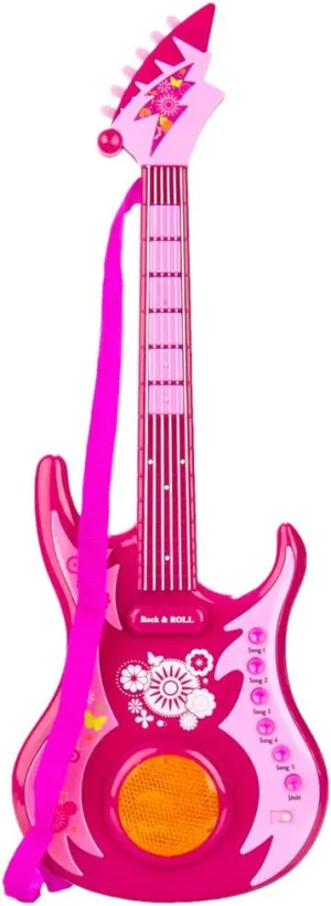 WGS Electronic Kid Musical Rock n Roll Guitar Children Play Toy Set with Strap, Pink