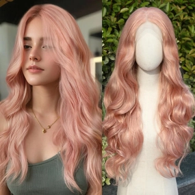 WIGNEE 13x4 HD Pink Lace Front Wigs Pre-Plucked Natural Synthetic Kanekalon Lace Front Wig Layered Body Wave Wig Wear And Go Free Part Glueless Lace Front Wigs For Black Women,26" Pink