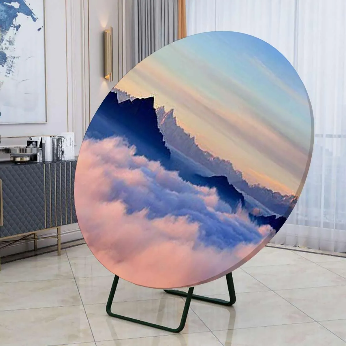 Wipable Tabletop Protective Cloth Sunset Mist Mountain Wilderness Landscape Table Cover Kitchen Picnic Dinning Tabletop Home Decoration Landscape Fits up 42"-46" Diameter Tables Orange