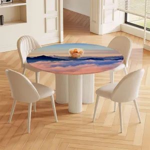 Wipable Tabletop Protective Cloth Sunset Mist Mountain Wilderness Landscape Table Cover Kitchen Picnic Dinning Tabletop Home Decoration Landscape Fits up 42"-46" Diameter Tables Orange