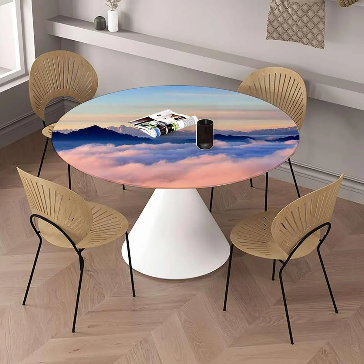 Wipable Tabletop Protective Cloth Sunset Mist Mountain Wilderness Landscape Table Cover Kitchen Picnic Dinning Tabletop Home Decoration Landscape Fits up 42"-46" Diameter Tables Orange