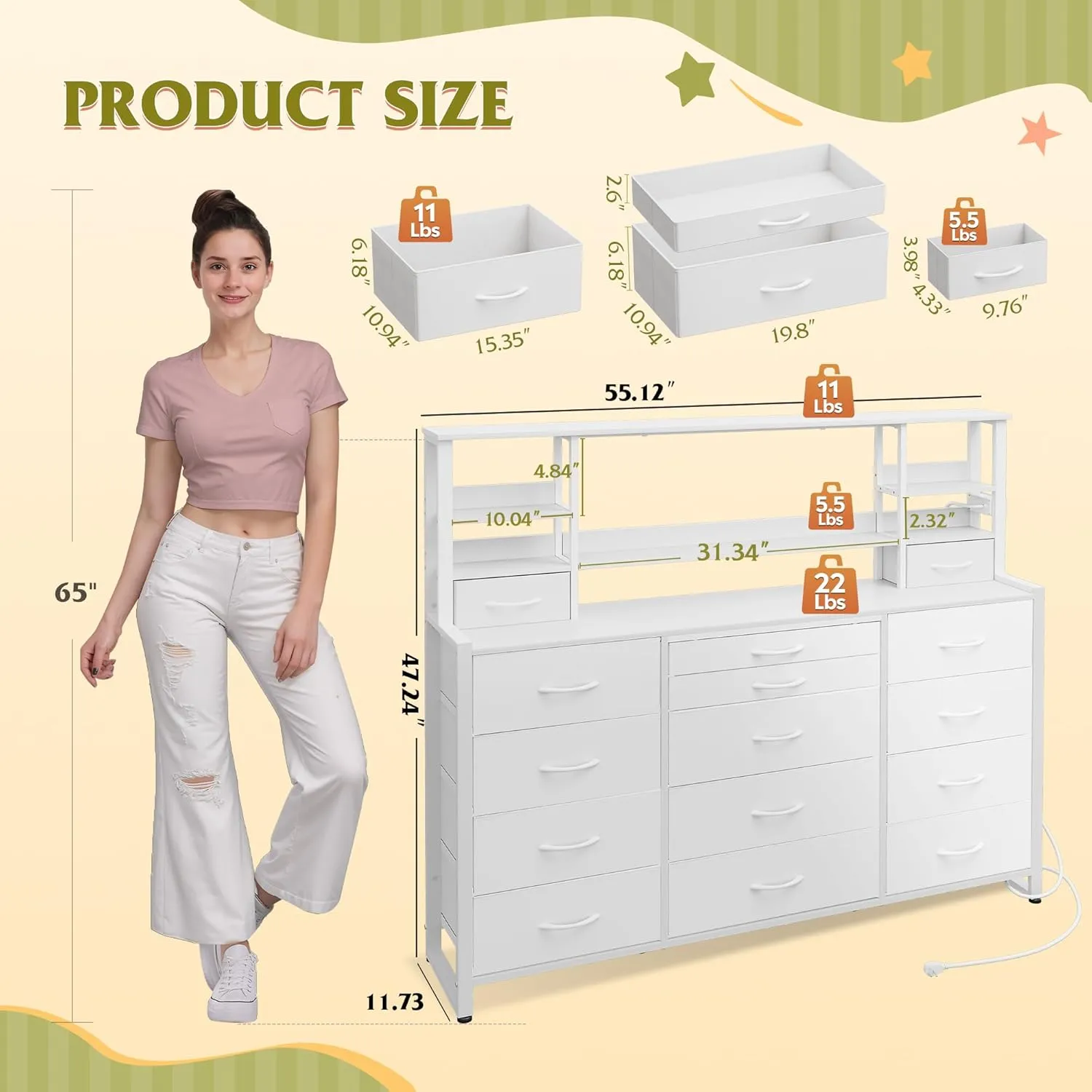 WLIVE 55" W Dresser for Bedroom with 15 Fabric Drawers & 5 Storage Shelves, Tall White Dresser with Charging Station, Makeup Vanity Desk, Dressing Table, Chest of Drawers for Closet, Living Room