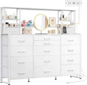 WLIVE 55" W Dresser for Bedroom with 15 Fabric Drawers & 5 Storage Shelves, Tall White Dresser with Charging Station, Makeup Vanity Desk, Dressing Table, Chest of Drawers for Closet, Living Room