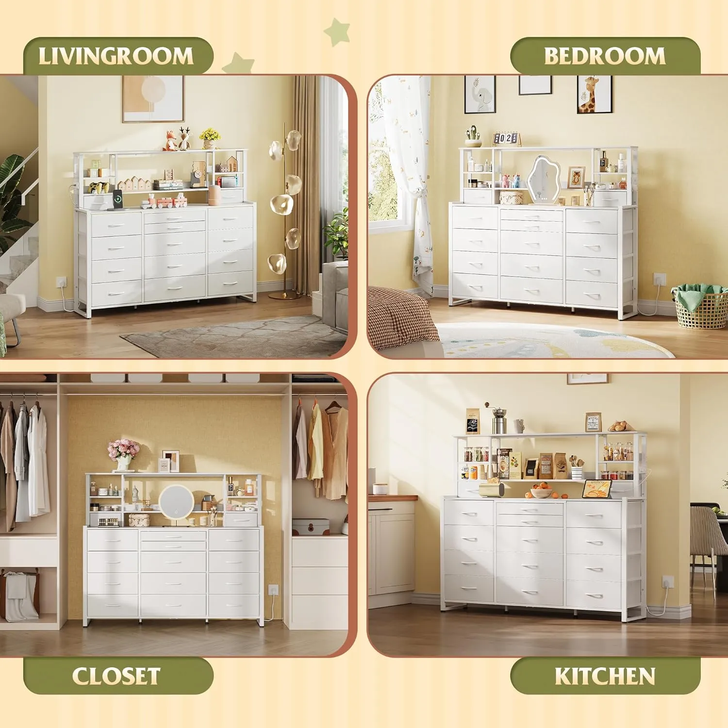 WLIVE 55" W Dresser for Bedroom with 15 Fabric Drawers & 5 Storage Shelves, Tall White Dresser with Charging Station, Makeup Vanity Desk, Dressing Table, Chest of Drawers for Closet, Living Room