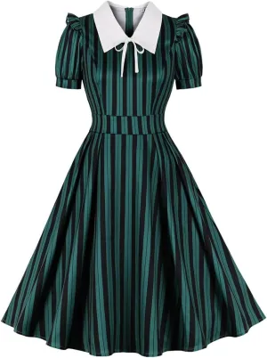 Women 1950s Vertical Short Sleeve Striped Dress Halloween Costume Vintage Buttons Tie Rockabilly Pinup Dress Cosplay