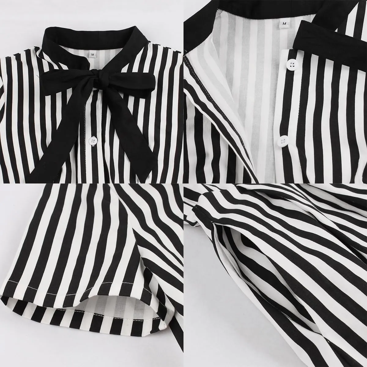 Women 1950s Vertical Short Sleeve Striped Dress Halloween Costume Vintage Buttons Tie Rockabilly Pinup Dress Cosplay
