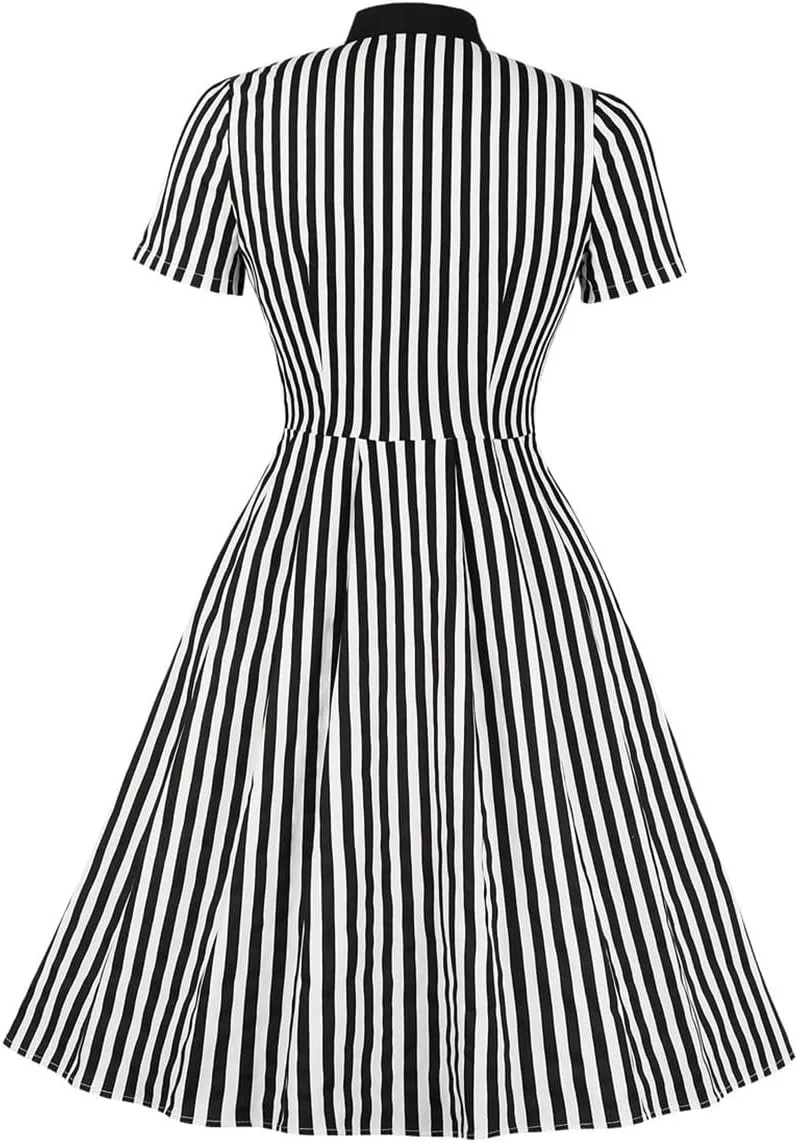 Women 1950s Vertical Short Sleeve Striped Dress Halloween Costume Vintage Buttons Tie Rockabilly Pinup Dress Cosplay