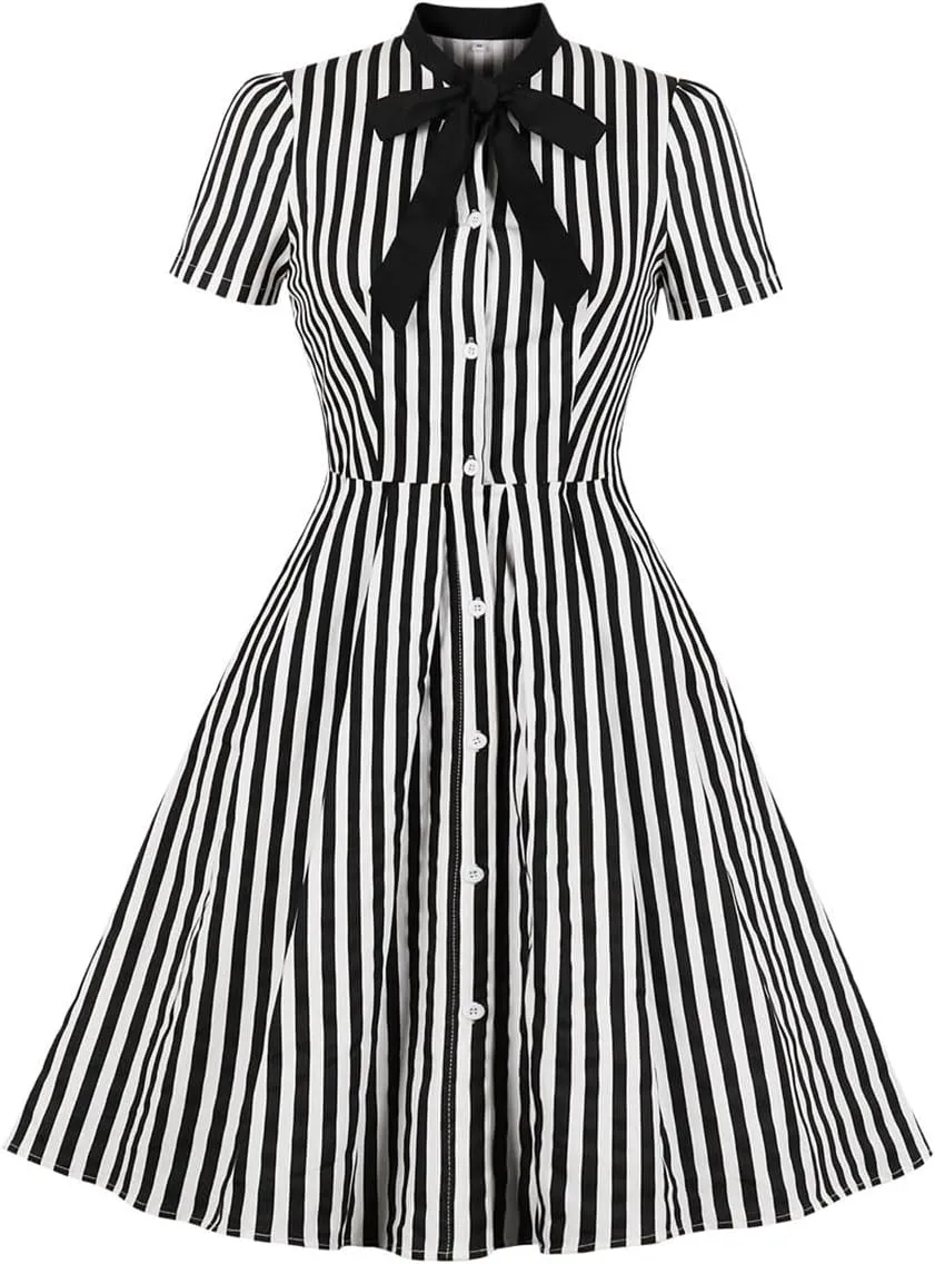 Women 1950s Vertical Short Sleeve Striped Dress Halloween Costume Vintage Buttons Tie Rockabilly Pinup Dress Cosplay