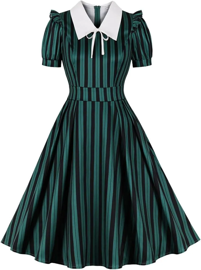 Women 1950s Vertical Short Sleeve Striped Dress Halloween Costume Vintage Buttons Tie Rockabilly Pinup Dress Cosplay