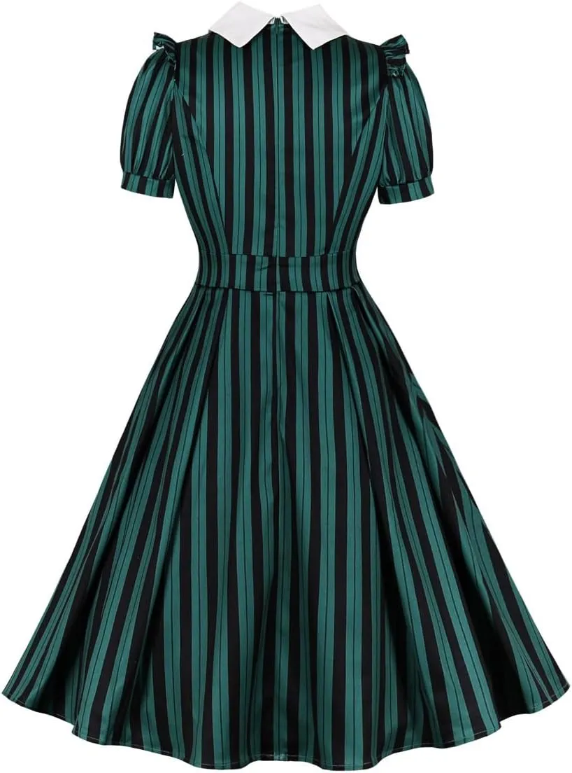 Women 1950s Vertical Short Sleeve Striped Dress Halloween Costume Vintage Buttons Tie Rockabilly Pinup Dress Cosplay