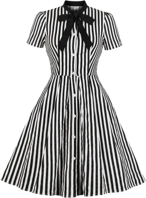 Women 1950s Vertical Short Sleeve Striped Dress Halloween Costume Vintage Buttons Tie Rockabilly Pinup Dress Cosplay
