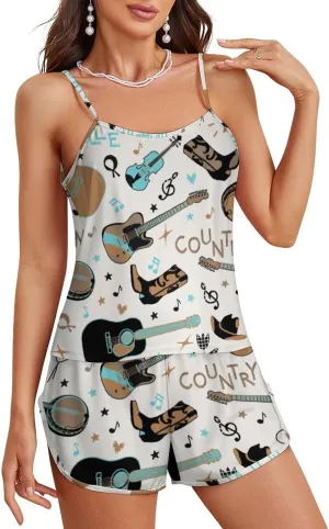 Womens Cami Shorts Pajama Sets Country Musical Instruments Soft 2 Piece Pj Lounge Set Sleep Sleepwear