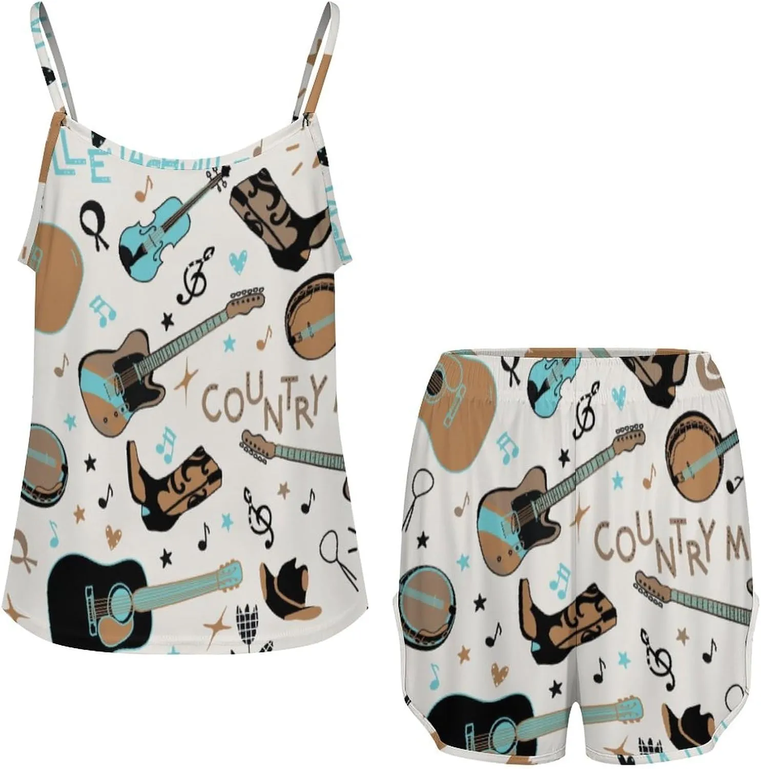 Womens Cami Shorts Pajama Sets Country Musical Instruments Soft 2 Piece Pj Lounge Set Sleep Sleepwear