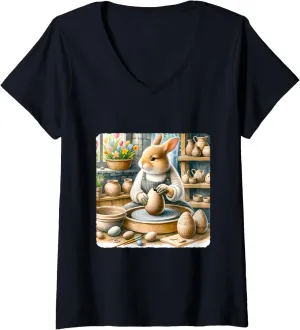 Womens Rabbit Sculpts Easter Orb Pottery. Studio Clay-Stained Craft V-Neck T-Shirt