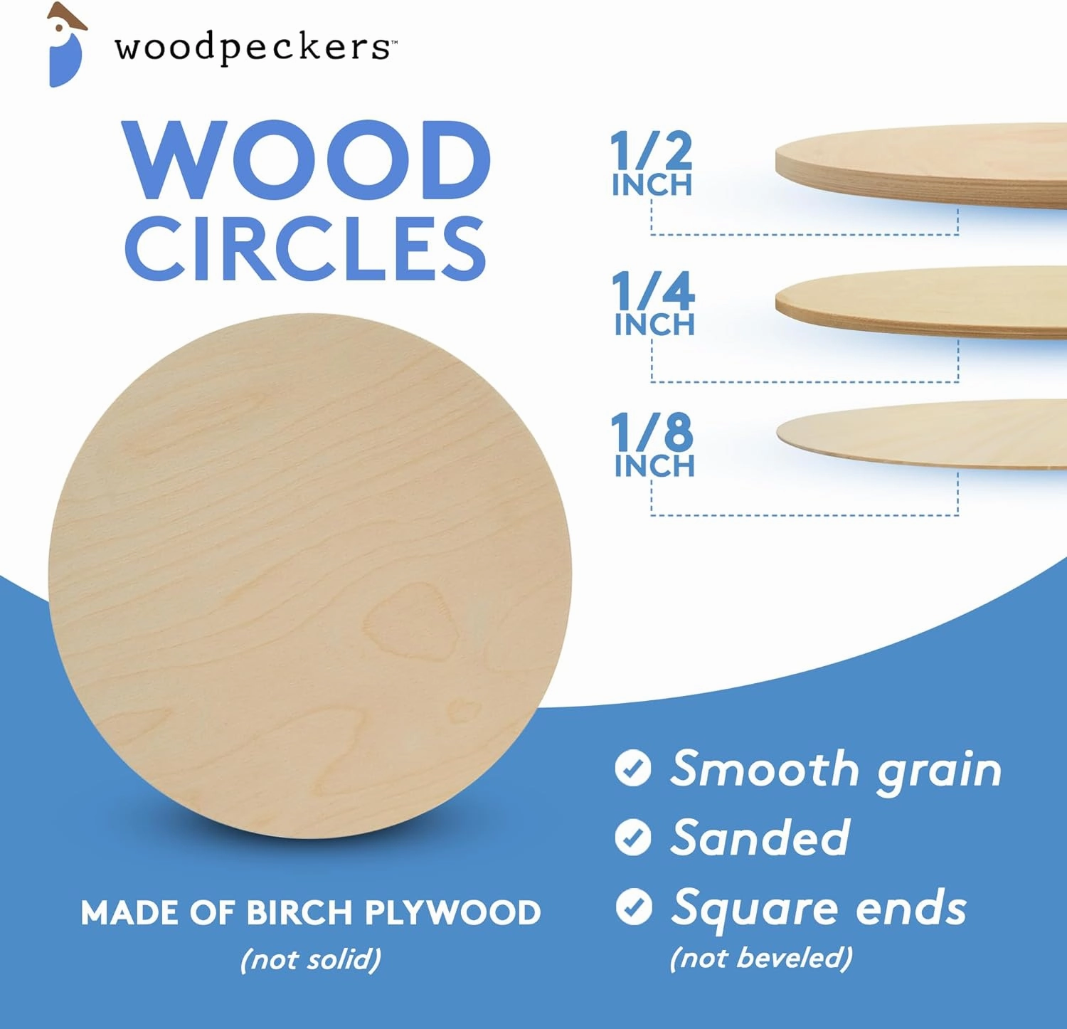 Wood Circles 12 inch, 1/8 Inch Thick, Birch Plywood Discs, Pack of 5 Unfinished Wood Circles for Crafts, Wood Rounds by Woodpeckers