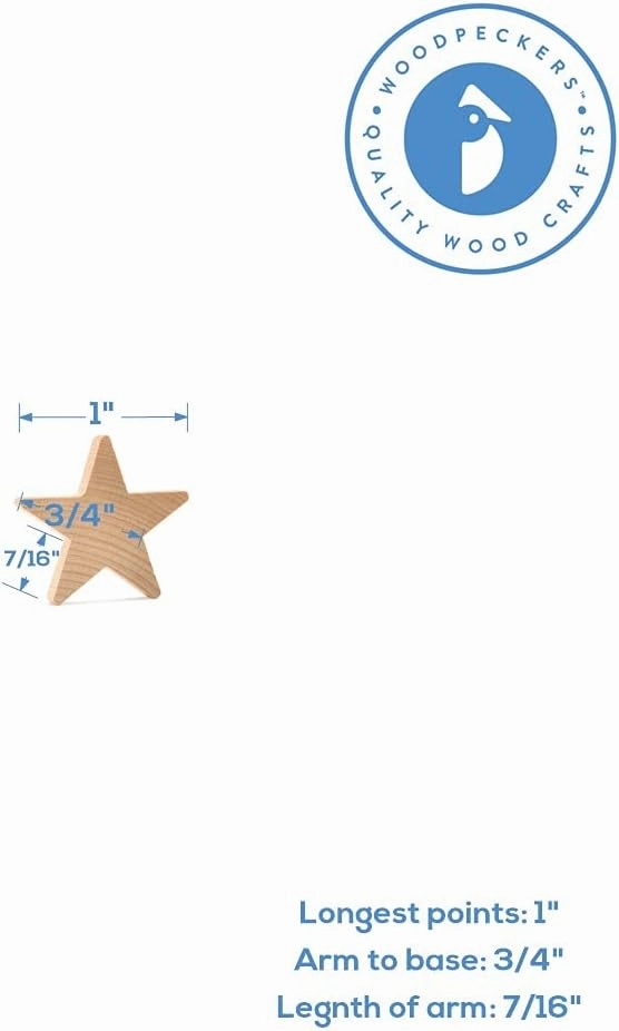 Wood Stars for Crafts, Wooden Stars Cutouts 1 Inch by 3/16 Inch, Pack of 250 Small Wooden Stars for Crafts, Christmas, July 4th & Memorial Day by Woodpeckers