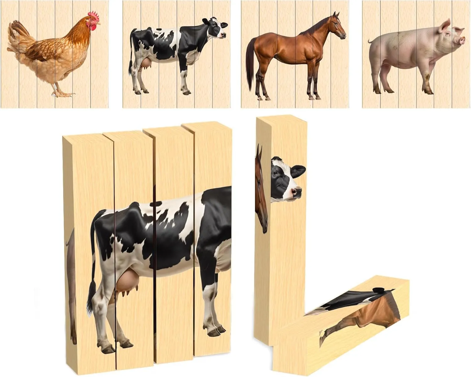 Wooden Animal Chunky Puzzles for Toddlers 2  Years - Montessori 4 in 1 Farm Animal Block Puzzle Toy