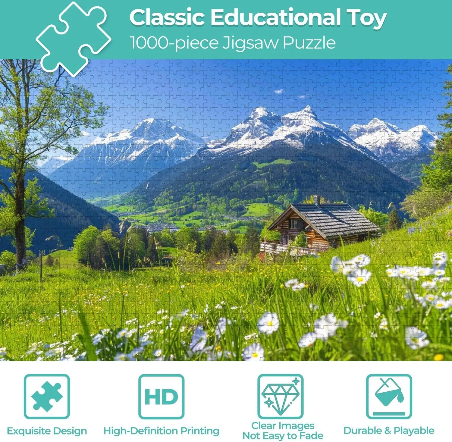 Wooden Jigsaw Puzzles for Adults 1000 Pieces Alpine Scenery Mountain Chalet Summer Fun and Challenging Board Puzzles Large Educational Game Kids Toys Gift Home Decor