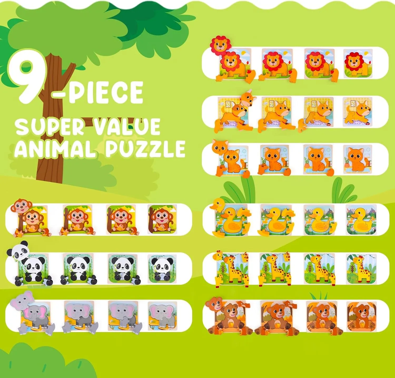 Wooden Puzzle for Toddler 1-3, 9 Pcs Toddler Puzzle Ages 2-4, Baby Animal Puzzle for Toddler, Montessori Puzzles Toys for 1 2 3 Year Old Boy Girl, Learning Educational Puzzle Toy(9 Pcs)