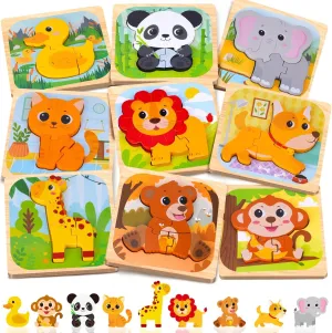 Wooden Puzzle for Toddler 1-3, 9 Pcs Toddler Puzzle Ages 2-4, Baby Animal Puzzle for Toddler, Montessori Puzzles Toys for 1 2 3 Year Old Boy Girl, Learning Educational Puzzle Toy(9 Pcs)