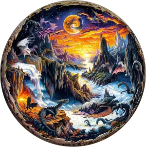 Wooden Puzzles for Adults, Fantasy World Wooden Jigsaw Puzzles for Adults 300 Pieces, Dragon Puzzle, Mountain River Clouds Landscape Wood Puzzles Adult, Unique Shape, Home Decor (L-13.4 * 13.4in)
