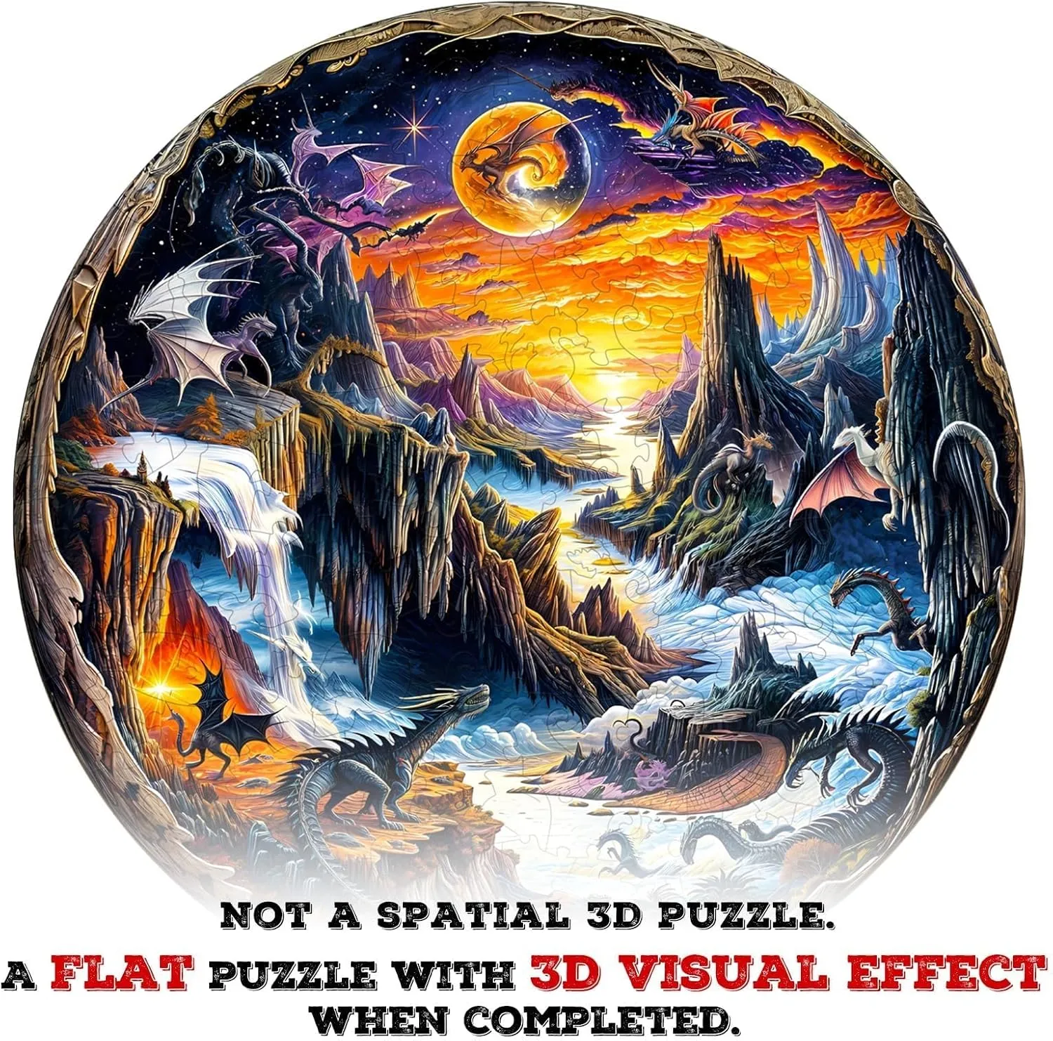 Wooden Puzzles for Adults, Fantasy World Wooden Jigsaw Puzzles for Adults 300 Pieces, Dragon Puzzle, Mountain River Clouds Landscape Wood Puzzles Adult, Unique Shape, Home Decor (L-13.4 * 13.4in)