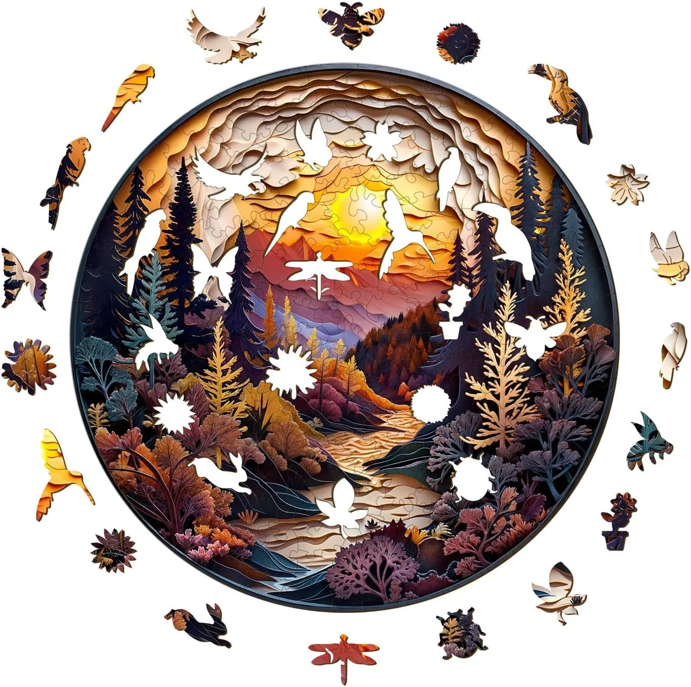 Wooden Puzzles for Adults, Wooden Jigsaw Puzzles for Adults Kids, 3D Sunset Forest Unique Shaped Wood Puzzles Adult, Creative Birthday Gifts for Friends Family Game (11.4 * 11.4in 200pcs)