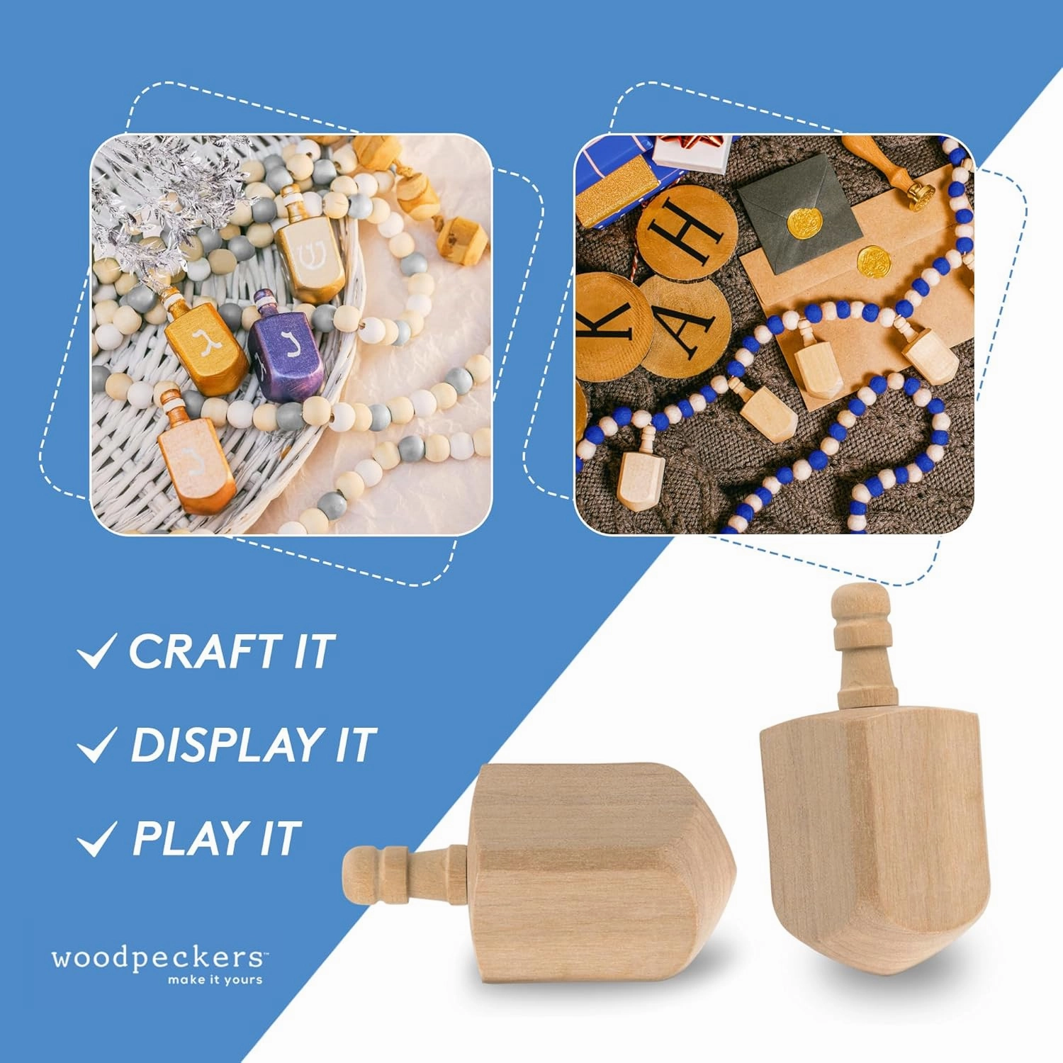 Wooden Dreidels Unfinished, Large 2-1/2 x 1 Inch, Pack of 25 Blank Wooden Dreidels to Paint, Perfect for Hanukkah Decorations, Crafts, Gifts & Family Fun by Woodpeckers