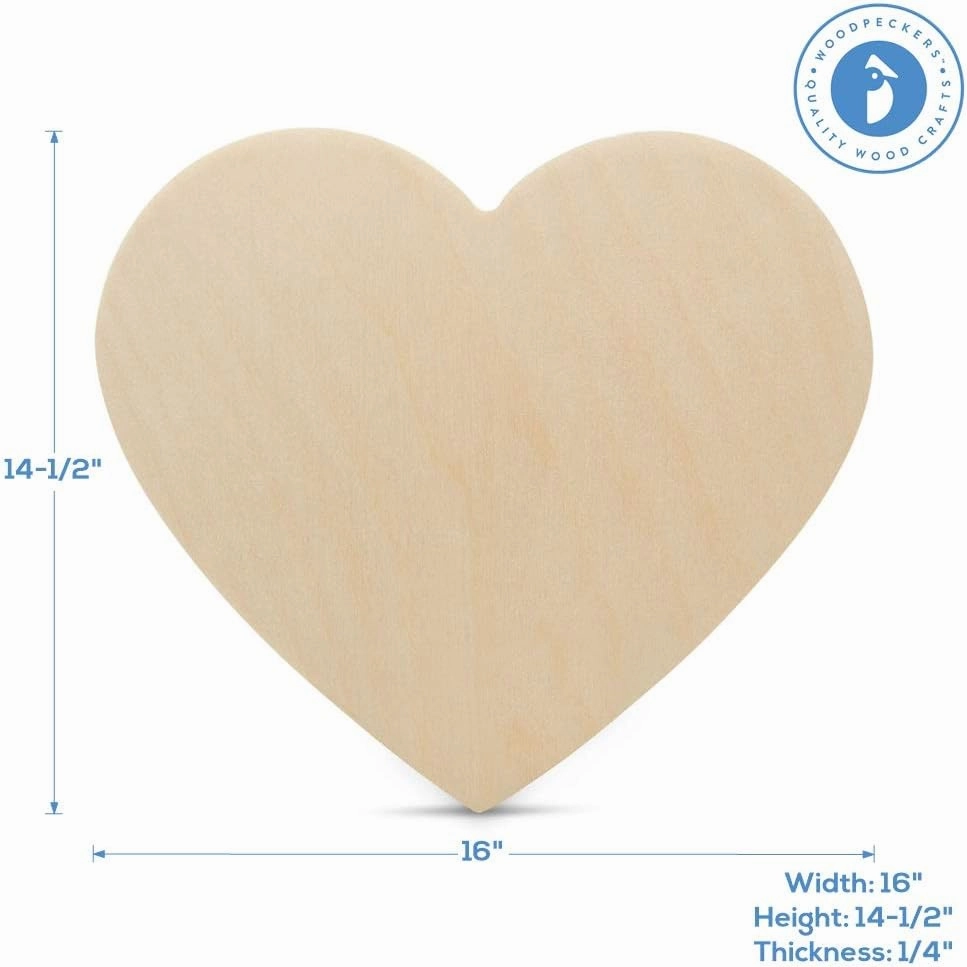 Wooden Hearts for Crafts, 16 inch Wood Hearts, 1/4 inch Thick, Pack of 1 Unfinished Wooden Hearts, Great for Valentines Day Crafts & DIY Party Décor