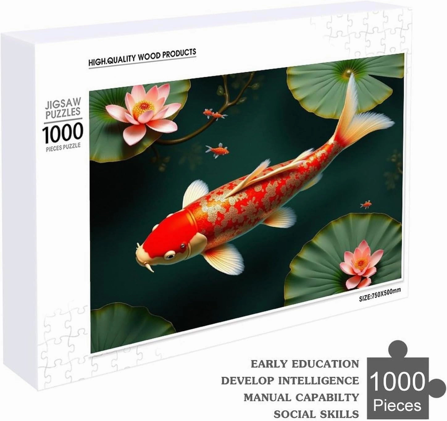 Wooden Puzzle 1000 Piece，Lotus Koi Fish Themed Jigsaw Puzzles，Stress Relief Puzzle Games Challenge Games，Family Puzzles，Educational Toy