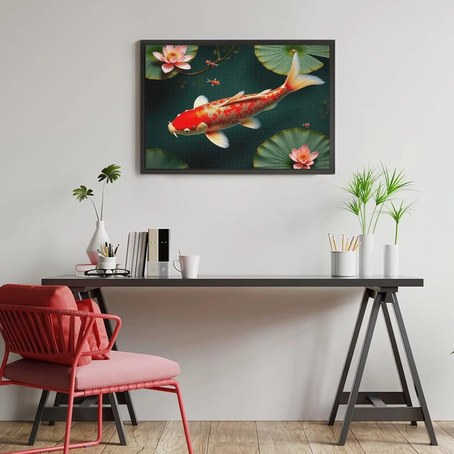 Wooden Puzzle 1000 Piece，Lotus Koi Fish Themed Jigsaw Puzzles，Stress Relief Puzzle Games Challenge Games，Family Puzzles，Educational Toy