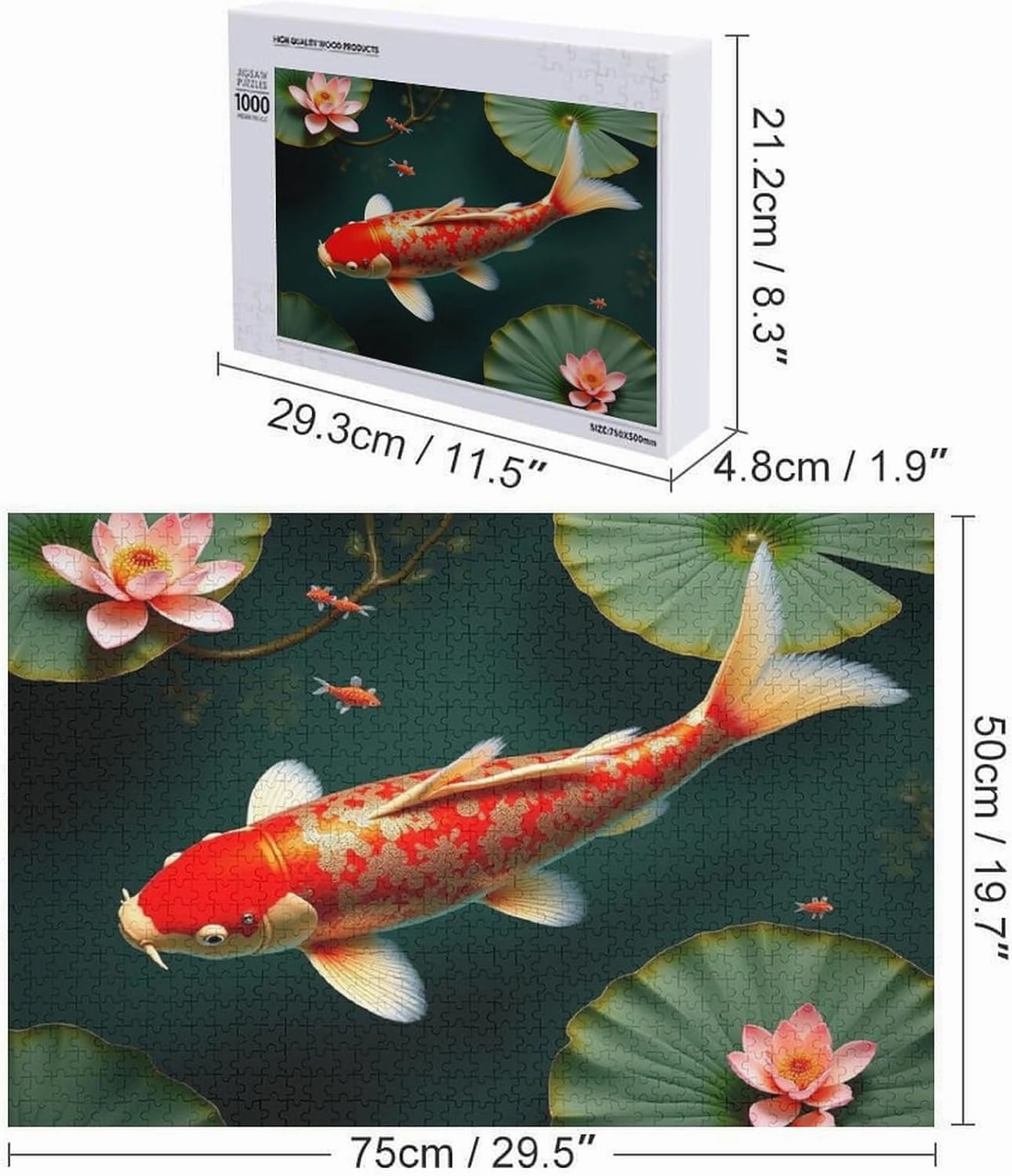 Wooden Puzzle 1000 Piece，Lotus Koi Fish Themed Jigsaw Puzzles，Stress Relief Puzzle Games Challenge Games，Family Puzzles，Educational Toy