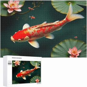 Wooden Puzzle 1000 Piece，Lotus Koi Fish Themed Jigsaw Puzzles，Stress Relief Puzzle Games Challenge Games，Family Puzzles，Educational Toy