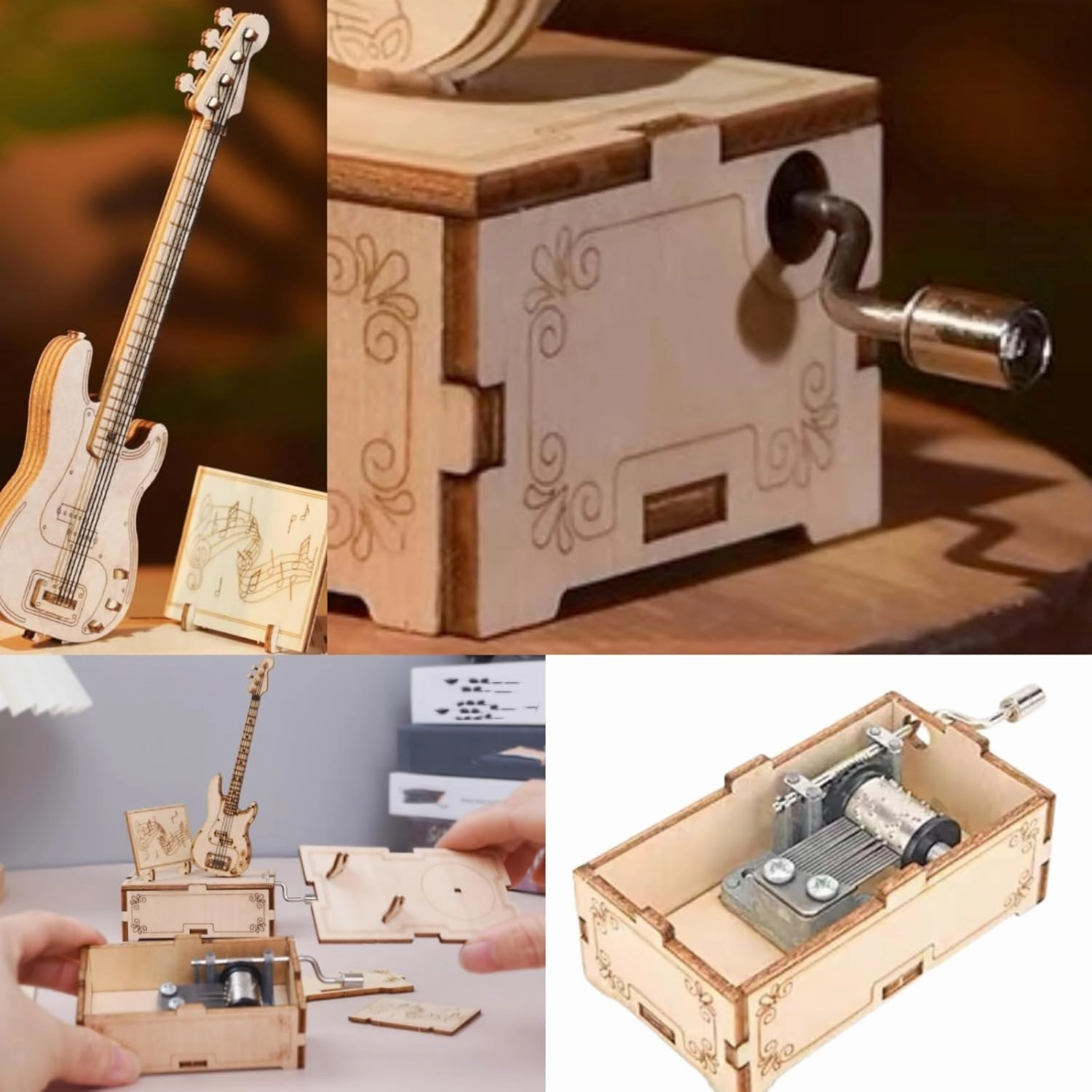 Wooden Puzzle 3D Wooden Music Box Kit Electric Bass DIY Model Building Crafts Desktop Decoration 3D Puzzle Toys Creative Gift for Teens and Adults